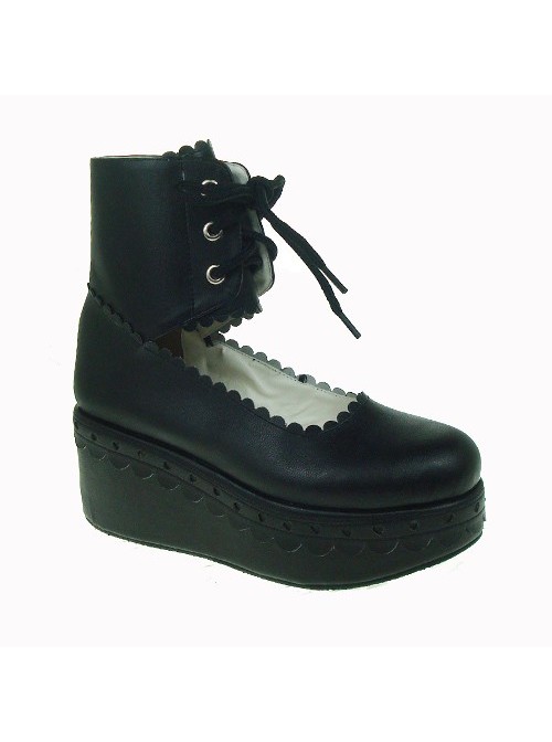 Black 2.7" Heel High Adorable PU Round Toe Cross Straps Platform Girls Lolita Shoes