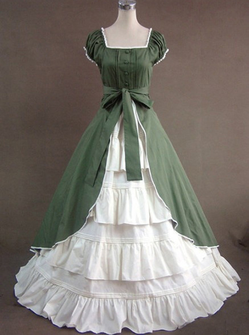 Green & White Puff Sleeve Open front Splitting Multi-layer Cotton Satin Classic Lolita Dress