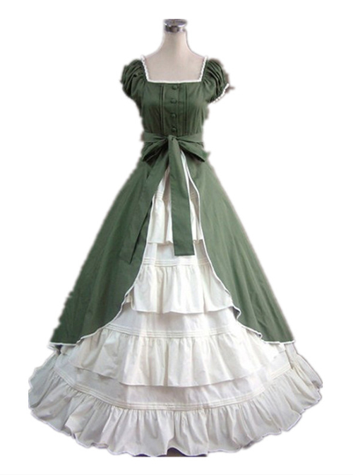 Green & White Puff Sleeve Open front Splitting Multi-layer Cotton Satin Classic Lolita Dress