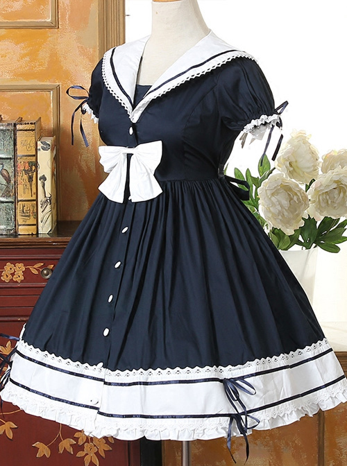 Navy Collar Cotton Short Sleeve Classic Lolita Dress