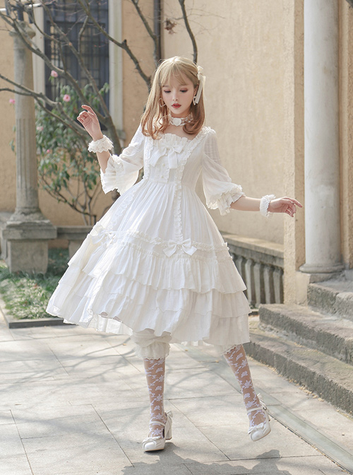 Bowknot High Waist Pure Color Classic Lolita Half Sleeve Dress