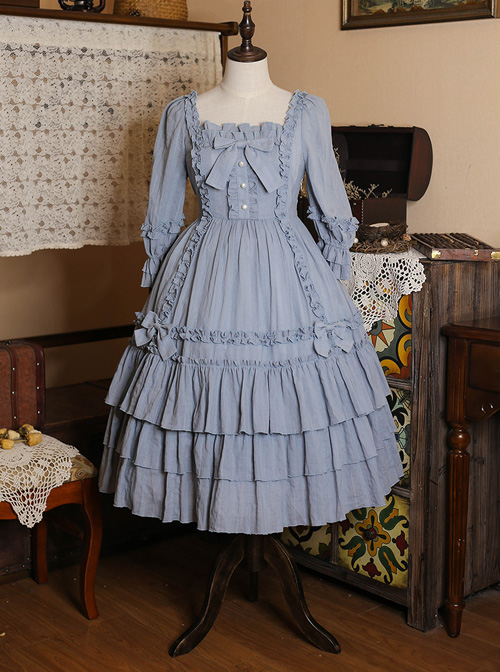 Bowknot High Waist Pure Color Classic Lolita Half Sleeve Dress