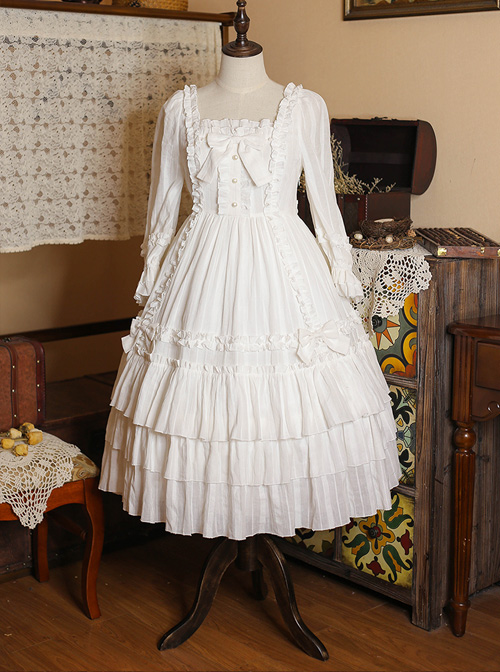 Bowknot High Waist Pure Color Classic Lolita Half Sleeve Dress