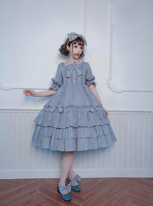 Bowknot High Waist Pure Color Classic Lolita Half Sleeve Dress