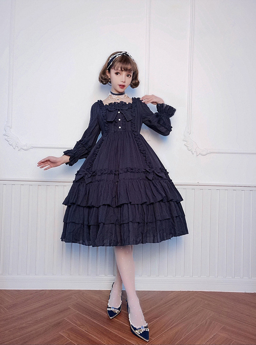 Bowknot High Waist Pure Color Classic Lolita Half Sleeve Dress