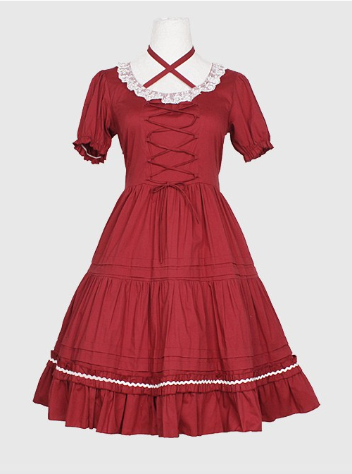 Round Neckline Ruffle Lace Classic Lolita Puff Short Sleeves Dress