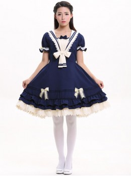 Navy Blue Bowknot Sweet Lolita Short Sleeve Dress