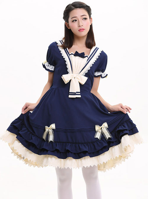 Navy Blue Bowknot Sweet Lolita Short Sleeve Dress