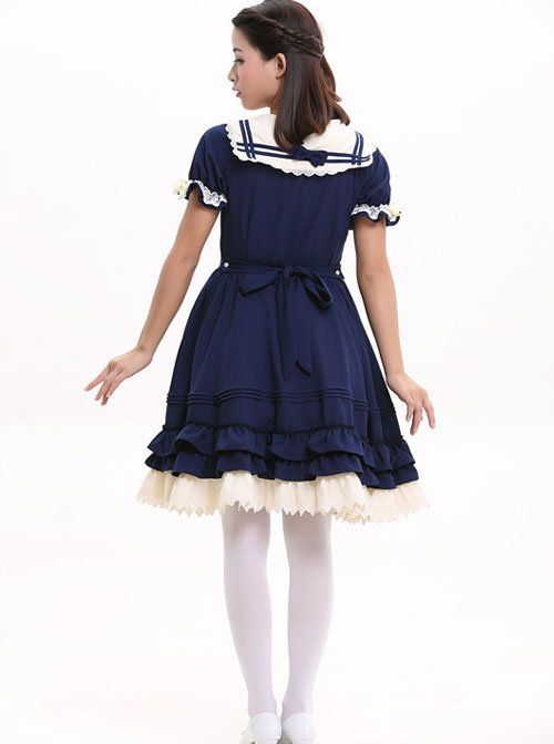 Navy Blue Bowknot Sweet Lolita Short Sleeve Dress