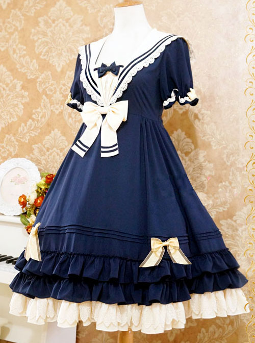 Navy Blue Bowknot Sweet Lolita Short Sleeve Dress