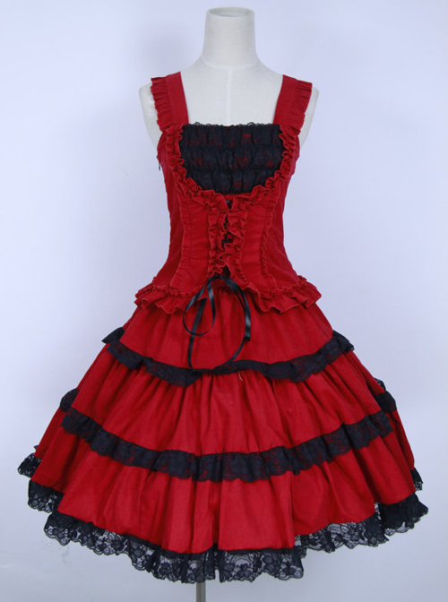 Red Corduroy Gothic Lolita Sling Dress