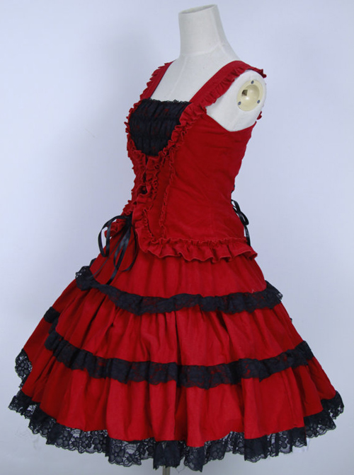 Red Corduroy Gothic Lolita Sling Dress