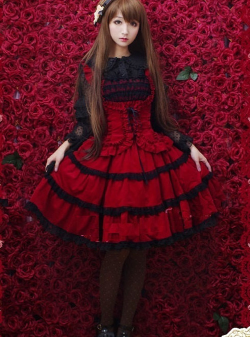 Red Corduroy Gothic Lolita Sling Dress