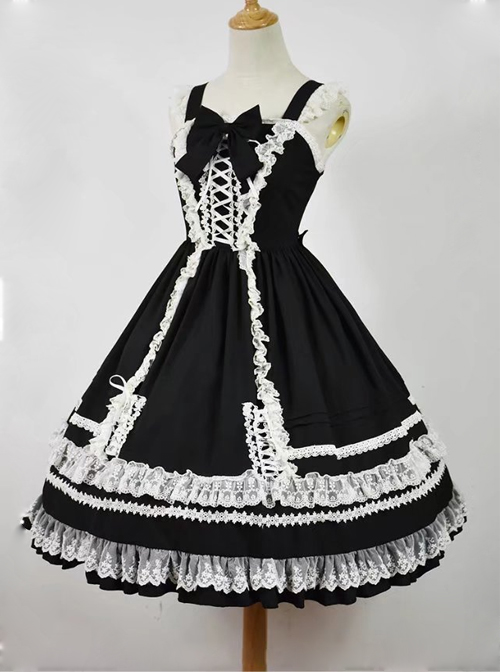 Black and White Sleeveless Lace Bow Classic Lolita Dress