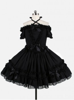 Black Chiffon Binding Strap Off-the-shoulder Classic Lolita Dress