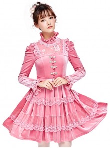 Pink Thickened Flounce Classic Lolita Long Sleeve Dress