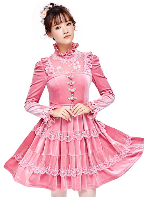 Pink Thickened Flounce Classic Lolita Long Sleeve Dress