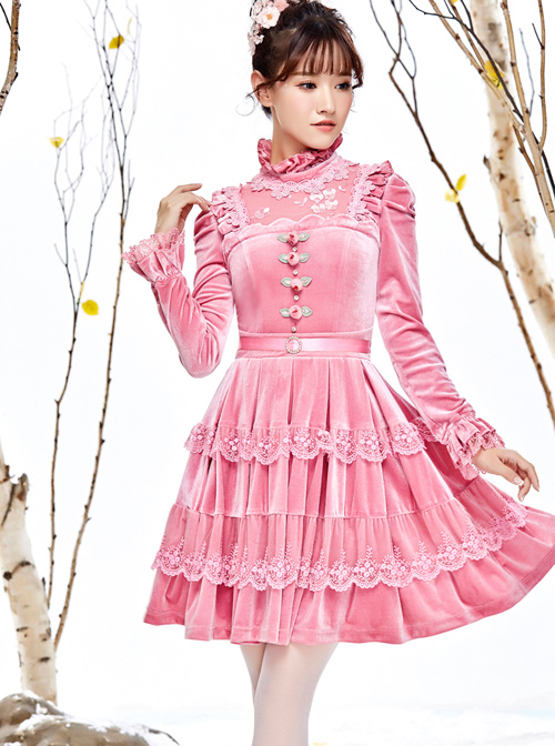 Pink Thickened Flounce Classic Lolita Long Sleeve Dress