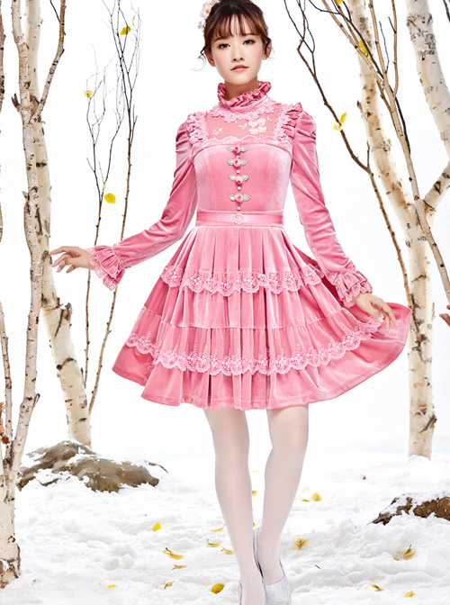 Pink Thickened Flounce Classic Lolita Long Sleeve Dress