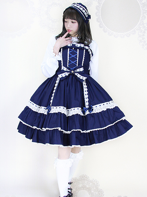White Lace Pure Color Bowknot Classic Lolita Sling Dress