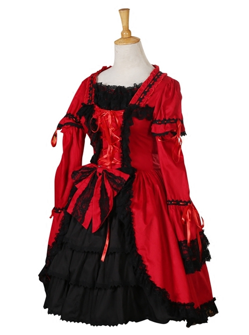Black Lace Red Classic Lolita Long Trumpet Sleeve Dress