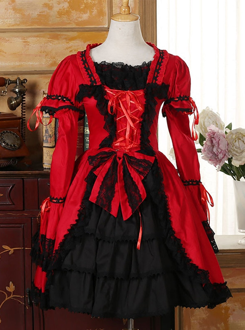 Black Lace Red Classic Lolita Long Trumpet Sleeve Dress