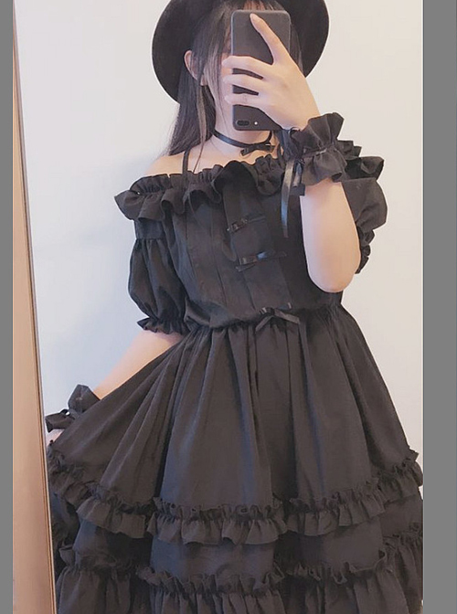 Morolli Maiden Series Pure Black Sweet Lolita Sling Short Sleeve Dress