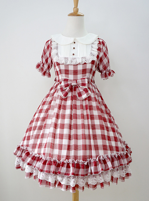 Plaid Chiffon Doll Collar Sweet Lolita Short Sleeve Dress