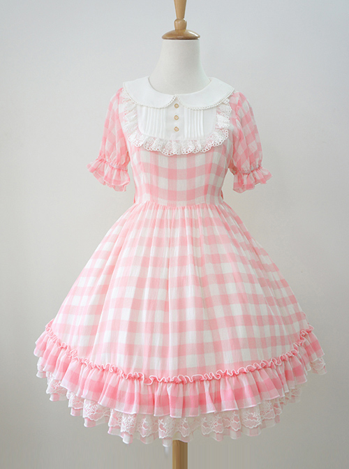 Plaid Chiffon Doll Collar Sweet Lolita Short Sleeve Dress