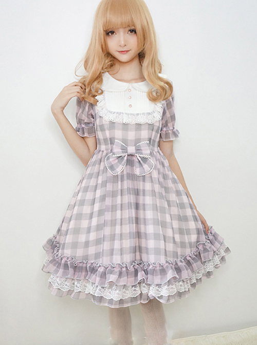 Plaid Chiffon Doll Collar Sweet Lolita Short Sleeve Dress