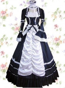 Dark Blue Cotton Gothic Lolita Prom Short Sleeve Long Dress