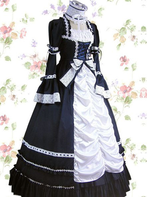 Dark Blue Cotton Gothic Lolita Prom Short Sleeve Long Dress