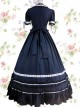 Dark Blue Cotton Gothic Lolita Prom Short Sleeve Long Dress