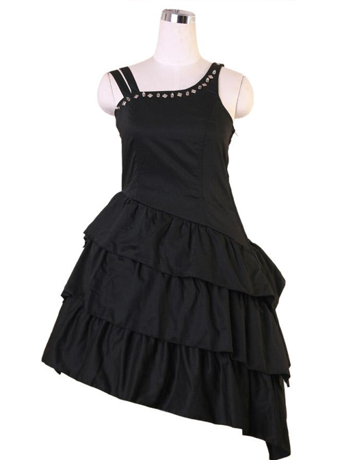 Black Asymmetric Hem Punk Gothic Lolita Sling Dress