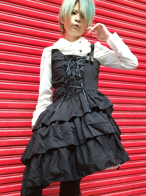 Black Asymmetric Hem Punk Gothic Lolita Sling Dress