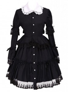 Black Lapel Ruffle Gothic Lolita Long Sleeve Dress