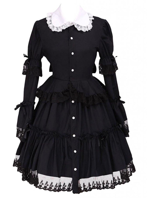 Black Lapel Ruffle Gothic Lolita Long Sleeve Dress