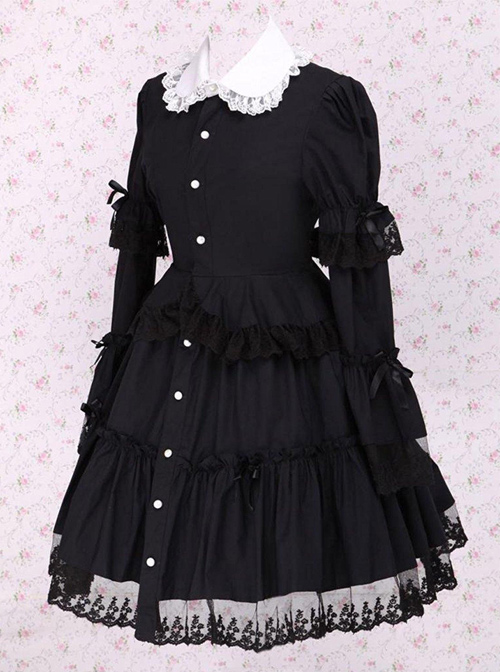 Black Lapel Ruffle Gothic Lolita Long Sleeve Dress