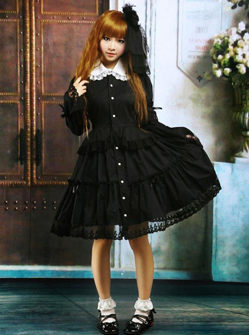 Black Lapel Ruffle Gothic Lolita Long Sleeve Dress