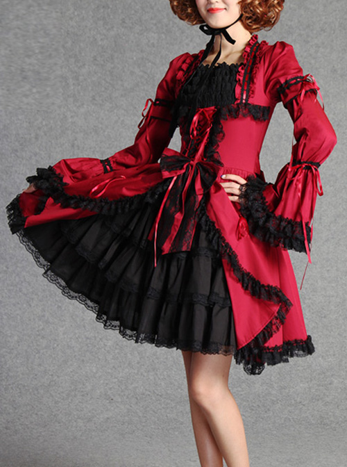 Retro Lace And Bind Strap Gothic Lolita Long Sleeve Dress