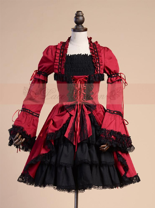 Retro Lace And Bind Strap Gothic Lolita Long Sleeve Dress