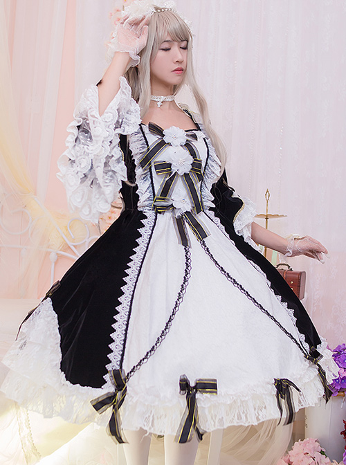 Flower Bowknots Black And White Stitching Sweet Lolita Trumpet Sleeve Dress