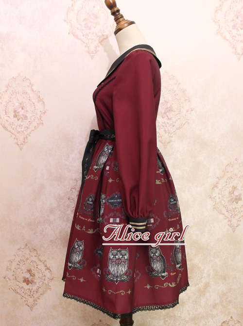 Lapel Owl Pattern Classic Lolita Long Sleeve Dress