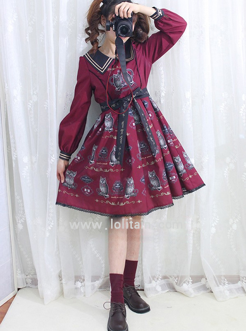 Lapel Owl Pattern Classic Lolita Long Sleeve Dress