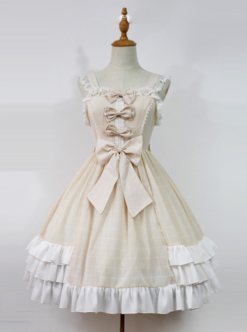 Cream Mousse Macarons Color Plaid Classic Lolita Sling Dress