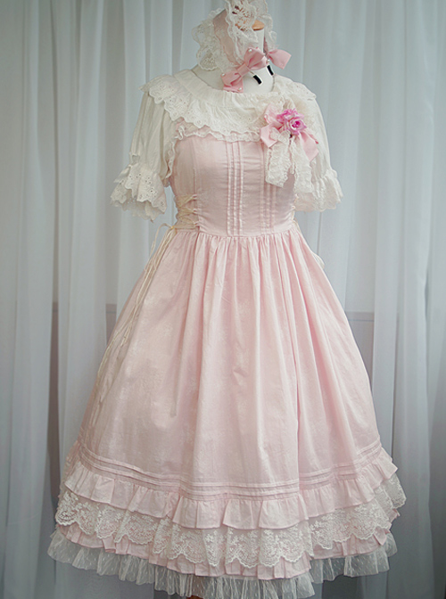 Pink Short Sleeves Sweet Lace Bow Ruffles Lolita Dress