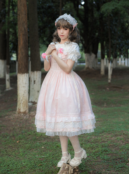 Pink Short Sleeves Sweet Lace Bow Ruffles Lolita Dress