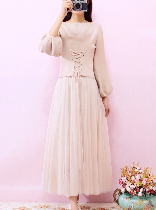 Retro Elegant Knitted Sweater And Gauze Sling Dress Set