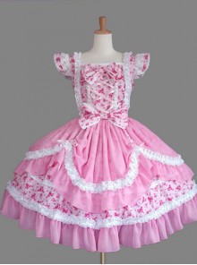 Pink And White Lace Bowknot Sweet Lolita Fly Sleeves Dress