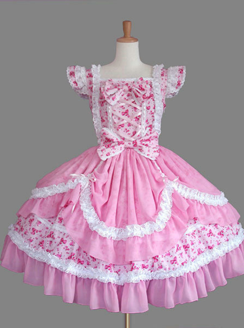 Pink And White Lace Bowknot Sweet Lolita Fly Sleeves Dress